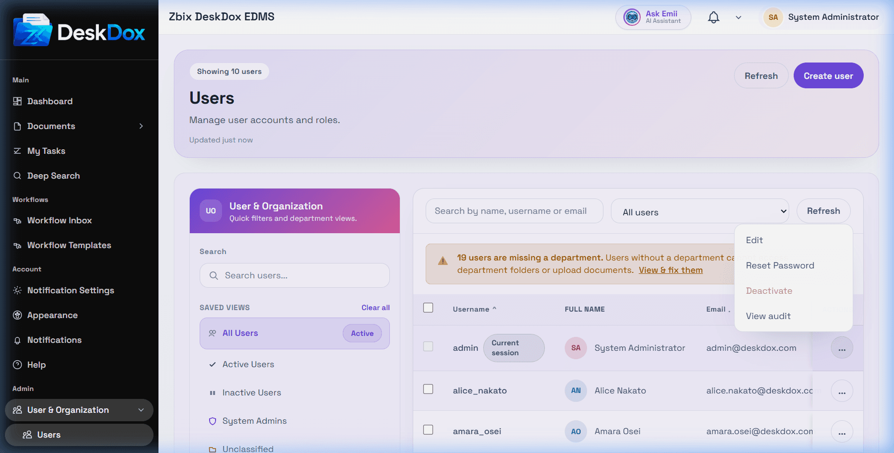 User status actions