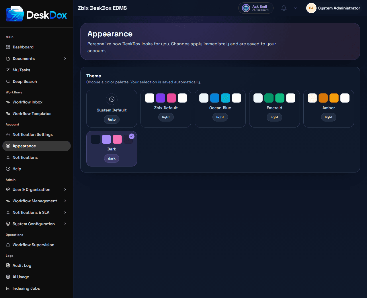 Appearance and theme settings