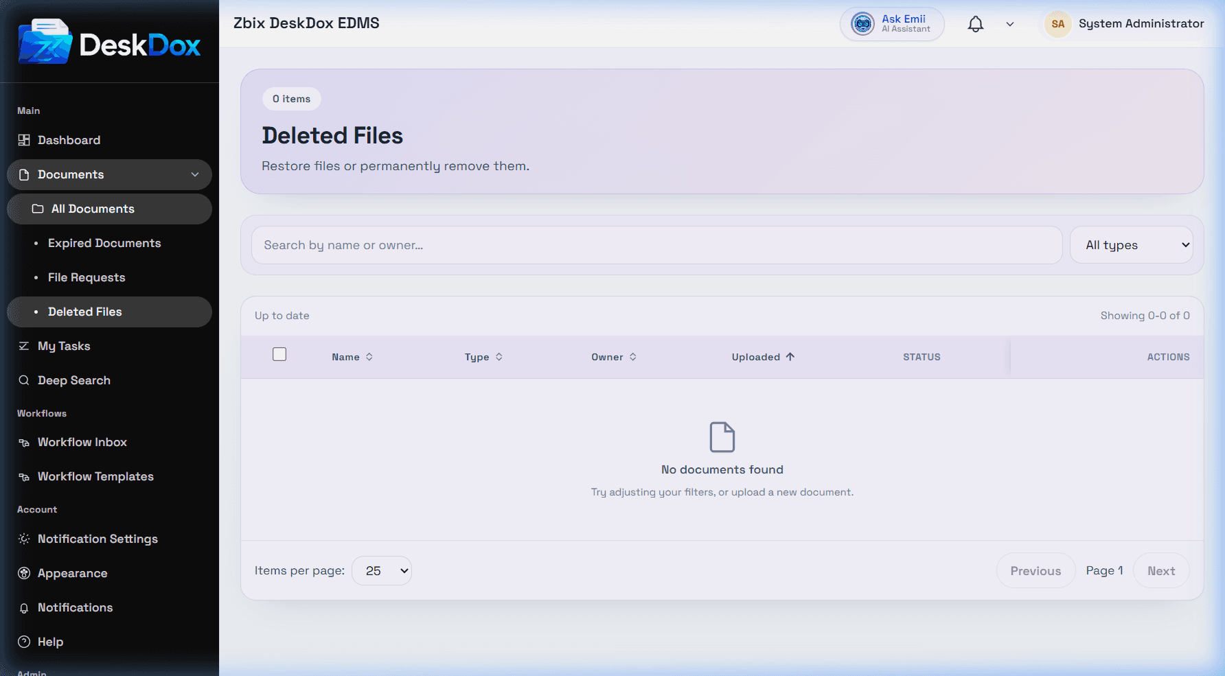 Deleted Files page