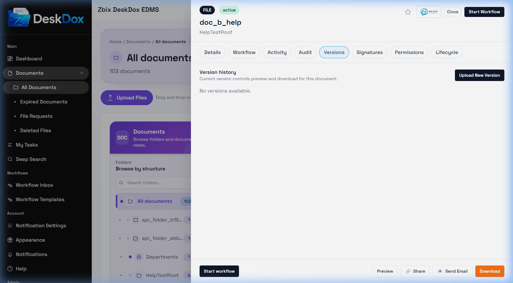 Document versions tab