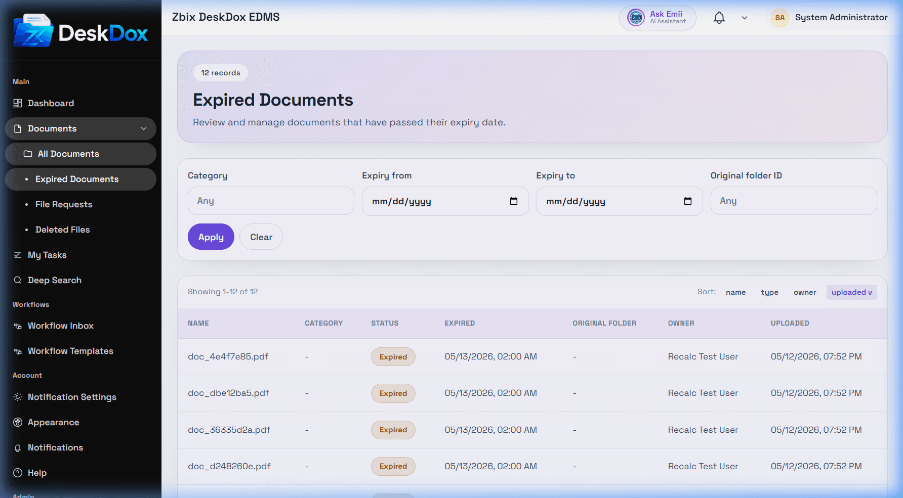 Expired Documents page