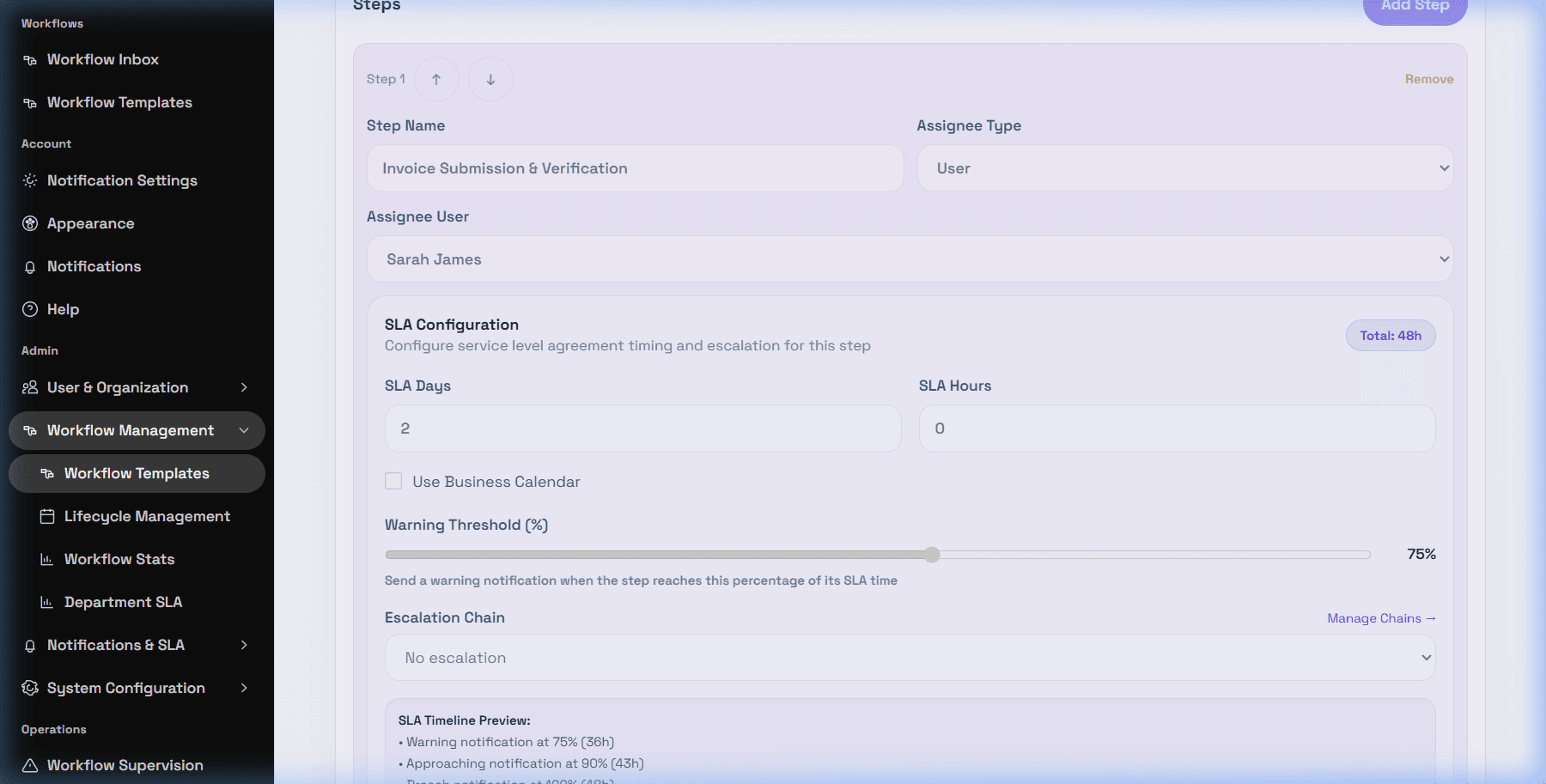 Escalation settings in workflow SLA configuration