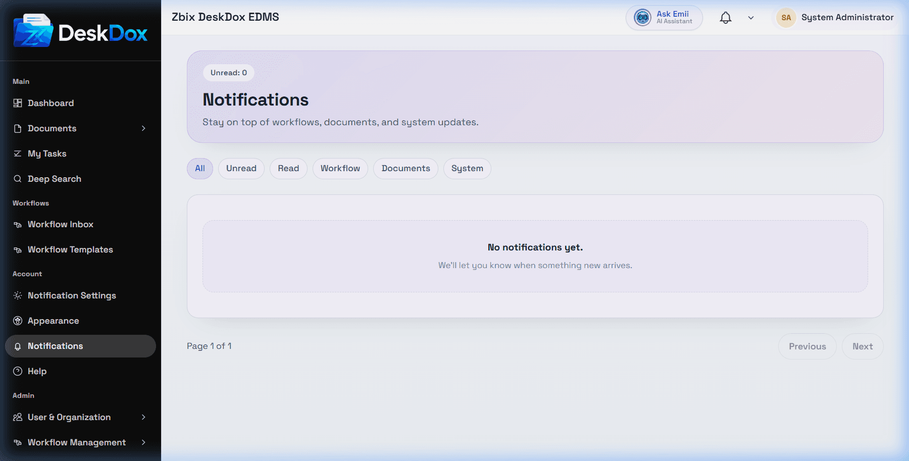 Notification center empty state