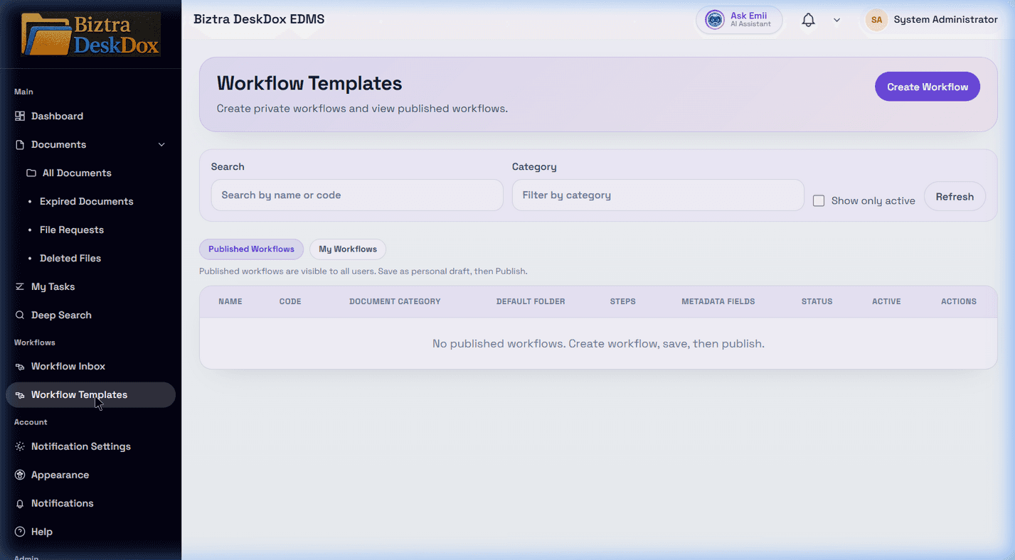 Workflow template list