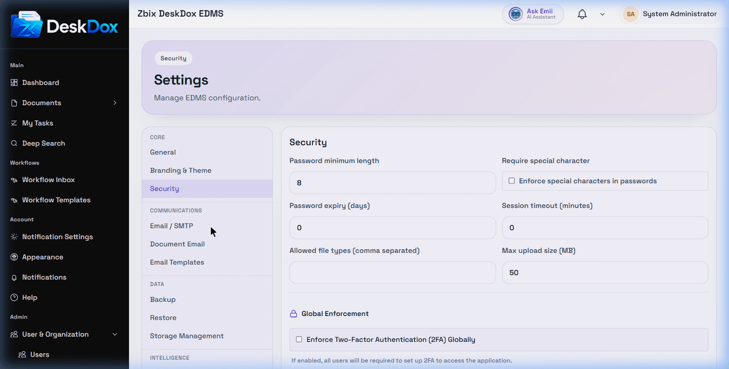 Admin security settings