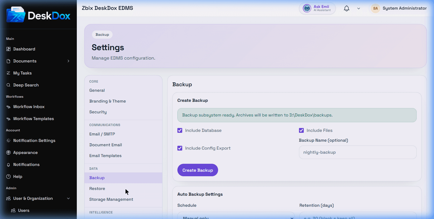 Backup settings overview
