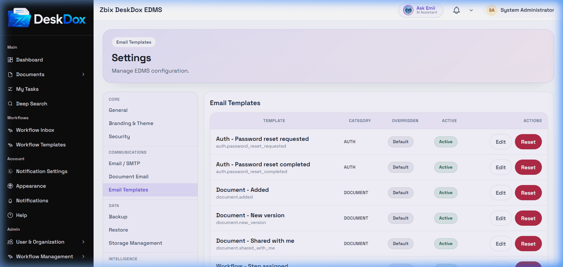 Email template settings