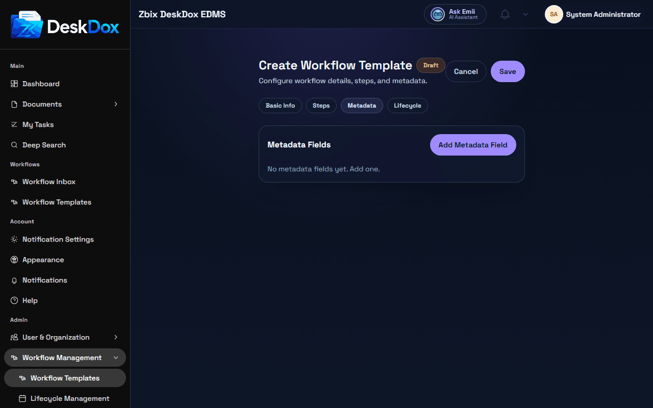 Workflow template Metadata tab with fields