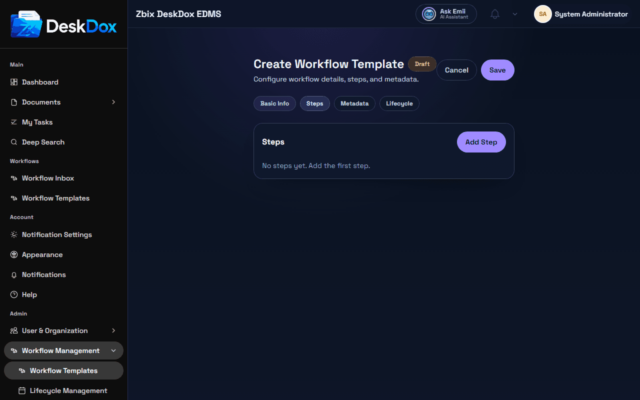 Workflow template steps and routing