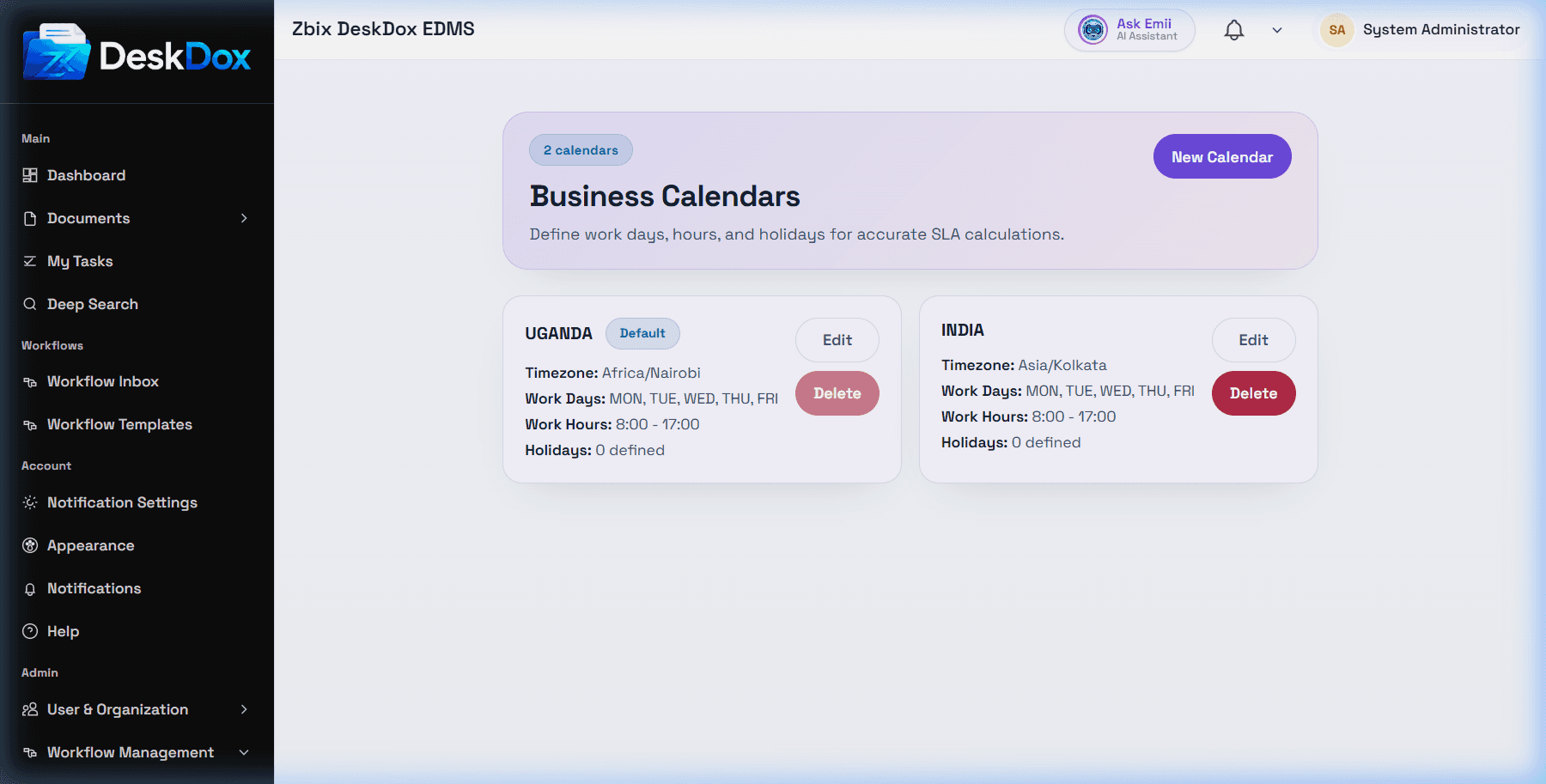 Business calendars list