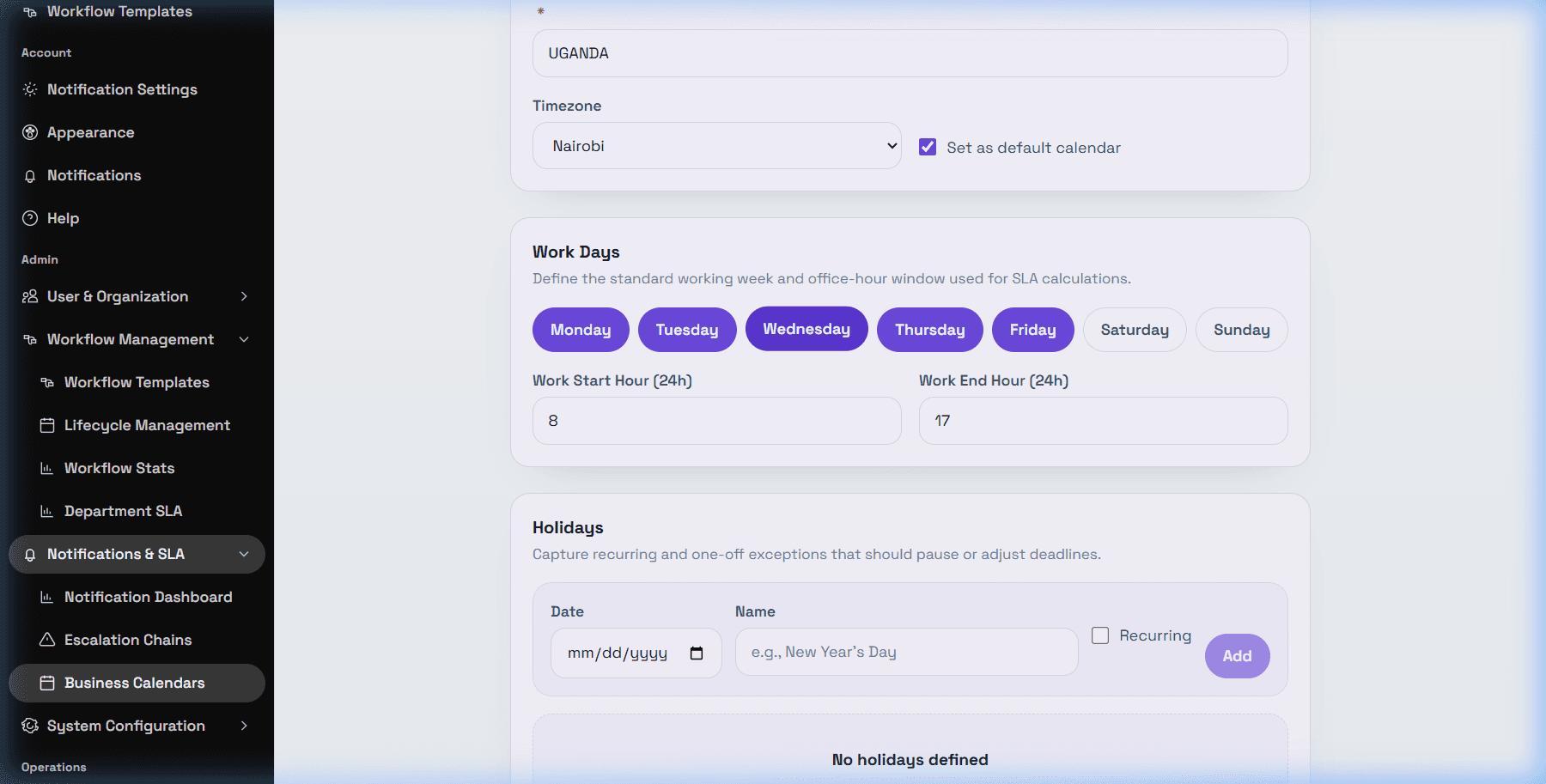 Create business calendar form