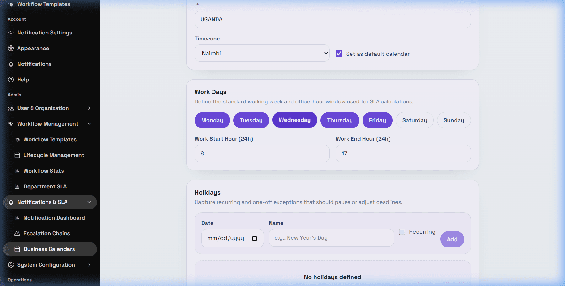 Holidays and non-working days section