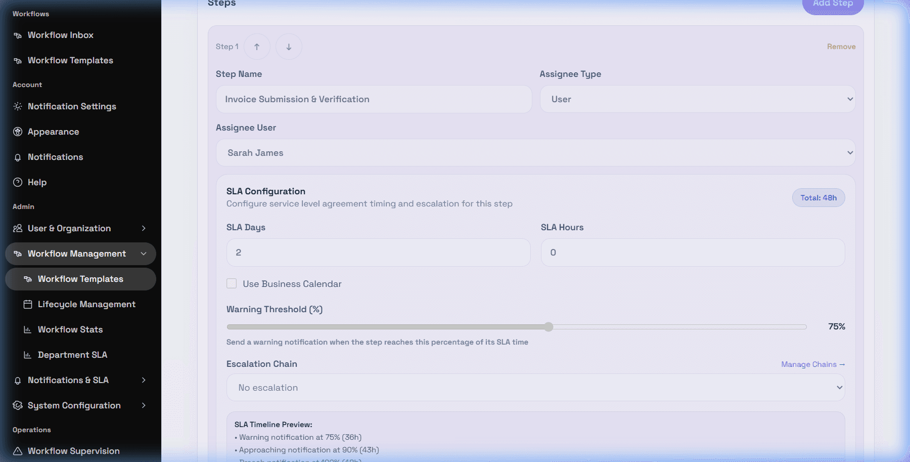 Workflow SLA settings