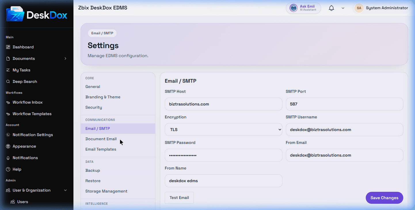 Email and SMTP settings