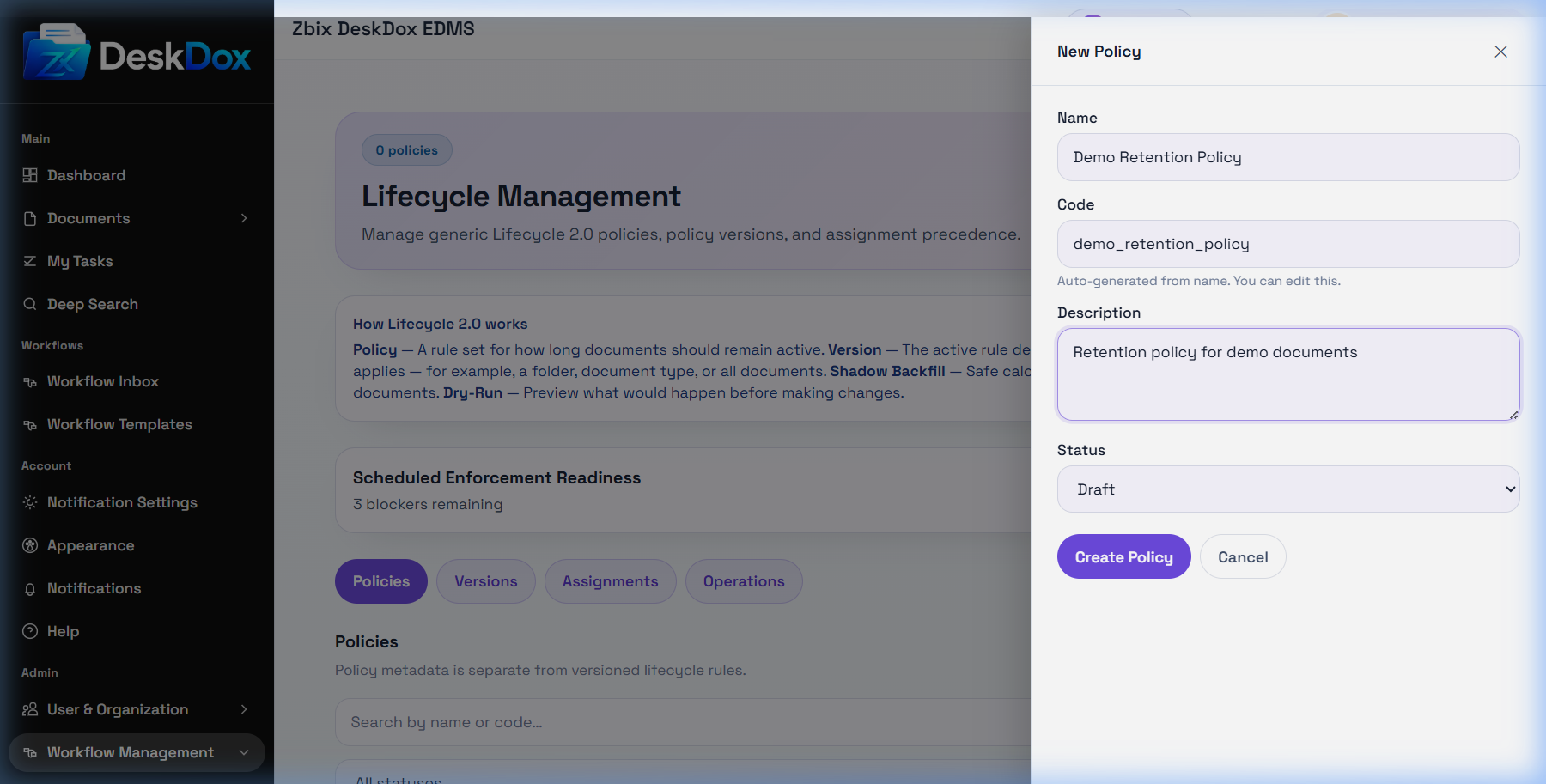 Create or Edit Lifecycle Policy | DeskDox Knowledge Base