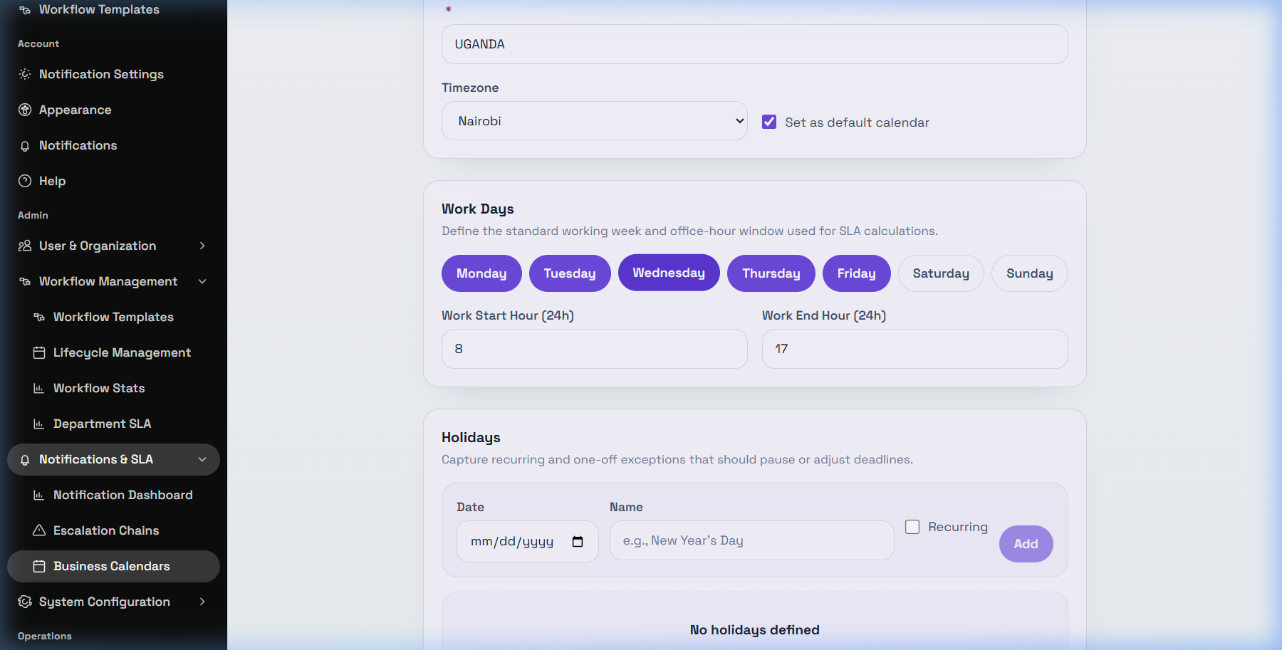 Create or Edit Business Calendar | DeskDox Knowledge Base