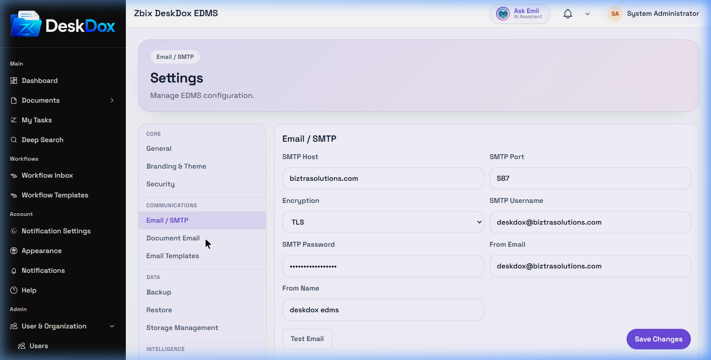 Email and SMTP Settings | DeskDox Knowledge Base