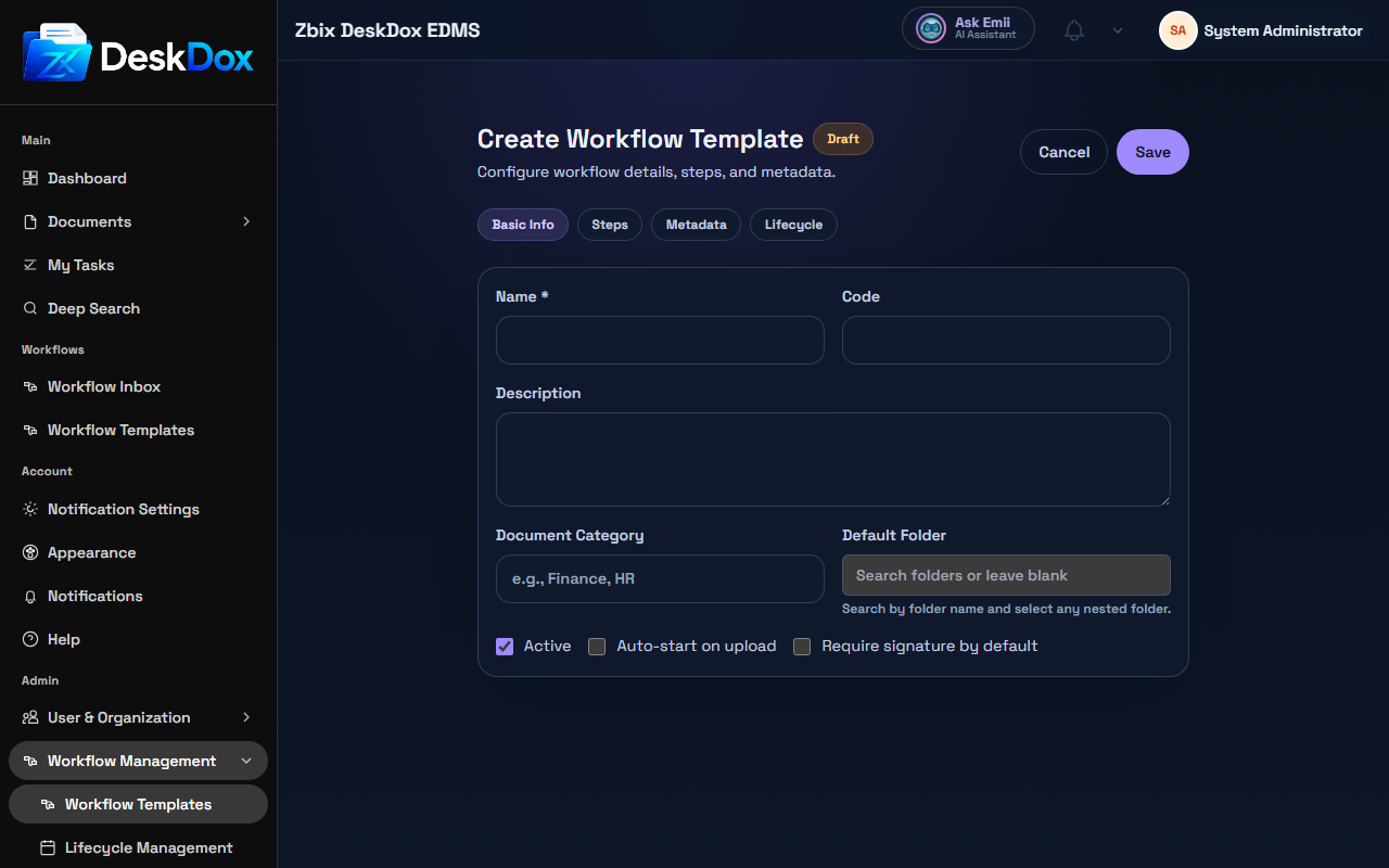 Create or Edit a Workflow Template | DeskDox Knowledge Base